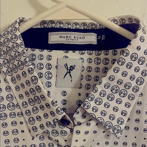 Marc Ecko Shirt Men White Black Smiley Faces Button Up Y2K Cut & Sew,  Medium - Picture 3 of 5